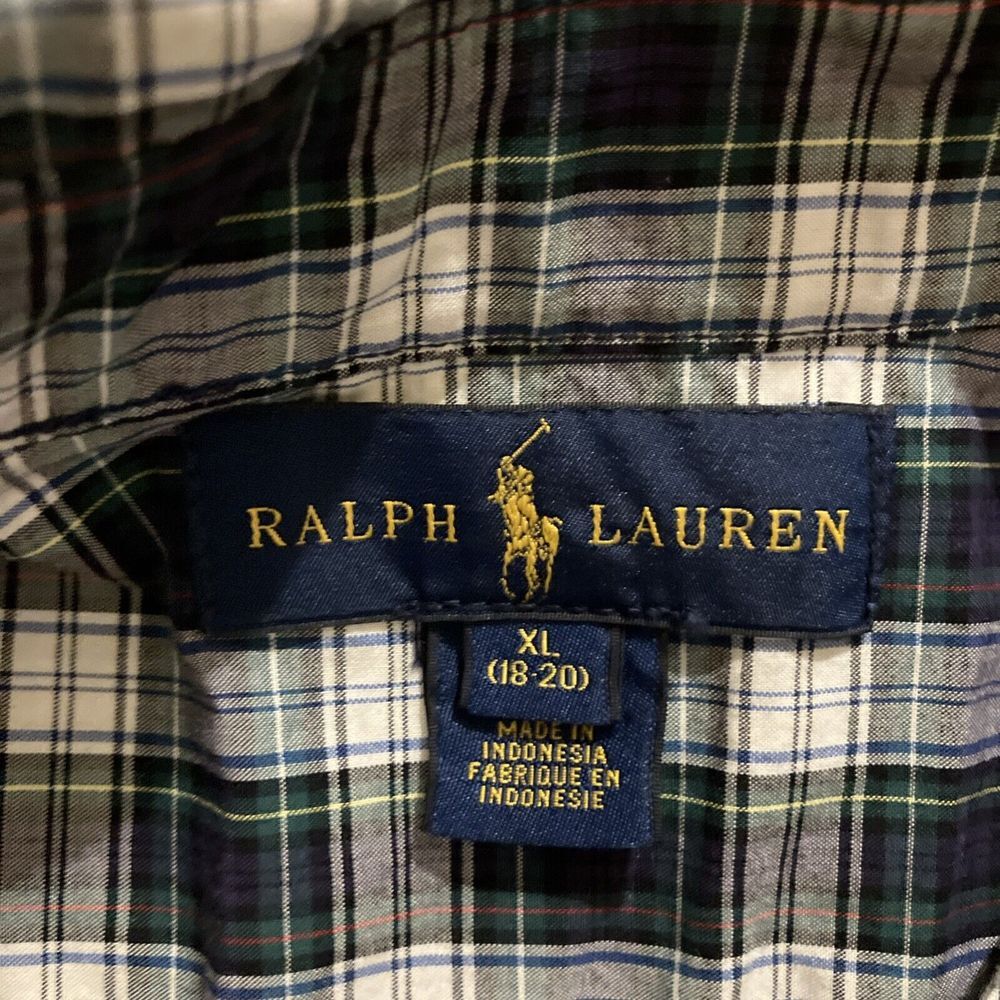 Ralph Lauren Kids XL 18-20 Plaid Button Down Shirt Navy Green White Cotton - Picture 2 of 9